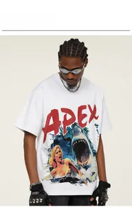 Close-up detail of vintage shark and lady graphic on a heavy cotton white t-shirt