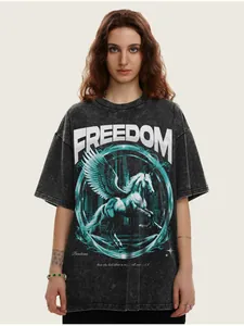 Detailed view of heavy-weight acid-wash cotton T-shirt with Freedom unicorn graphic print