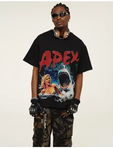 Detail view of men's vintage heavy cotton T-shirt with APEX shark print