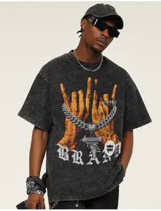 Detail of washed grey streetwear t-shirt with rock gesture and chain graphic print