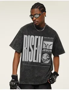 Detailed macro view of heavy cotton washed T-shirt with RISEN JESUS graphic print details