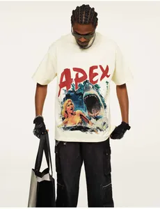 Close-up detail of American vintage shark graphic print on heavy weight cream cotton t-shirt