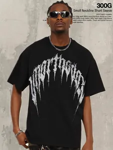 Men's American Streetwear 300G Heavyweight Cotton T-Shirt Gothic Thorn Letter Printed Loose Short Sleeve Top