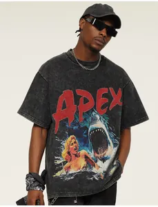 Close-up detail of heavy cotton vintage acid wash t-shirt featuring a shark graphic print