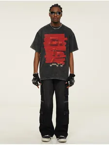 Streetwear washed grey heavy cotton T-shirt with red 3D tape graphic print detail