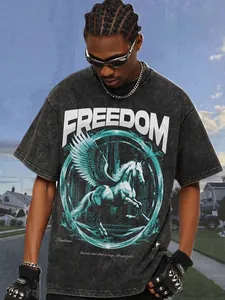 T-Shirt en Coton Lourd Vintage Américain pour Hommes Imprimé Sculpture Licorne Freedom Respirant Délavage Neige Haut Manches Courtes
