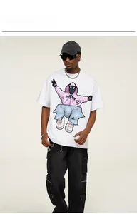 Close-up of white cotton T-shirt featuring a cartoon character graphic in pink hoodie