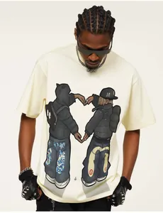 Men's streetwear cream t-shirt with artistic hand-drawn character heart print graphic