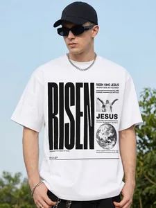 Men Heavyweight Pure Cotton T-Shirt American Streetwear Religious Graphic Print Short Sleeve Loose Top