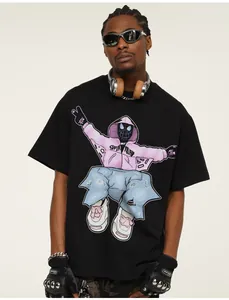 Streetwear black heavy cotton T-shirt featuring a stylized pink hoodie cartoon graphic