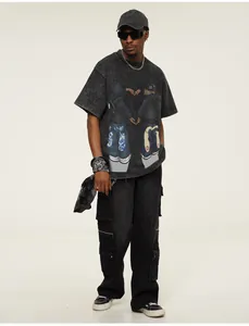 Men's oversized acid wash grey t-shirt featuring hand-painted urban character print