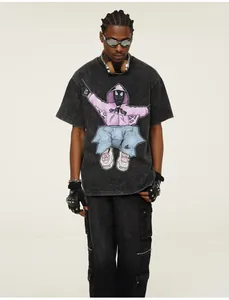 Streetwear heavy cotton t-shirt with stylized anime character graphic on black model
