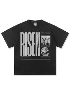 American street style black heavy cotton T-shirt featuring a Risen Jesus graphic print
