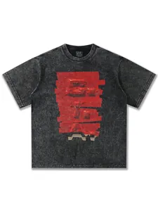 Charcoal grey heavyweight cotton T-shirt with red 3D tape graphic streetwear style