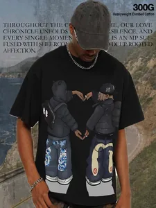 Men's American Streetwear Cotton Heavyweight T-Shirt Hand-painted Character Heart Gesture Printed Loose Short Sleeve Top