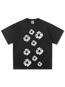 Men's black cotton T-shirt with white floral ring print in American street style