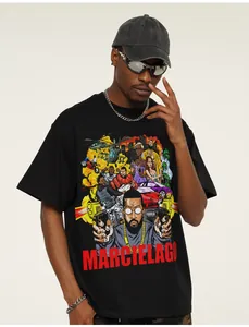 Close-up of artistic American hip-hop comic graphic print on premium black cotton T-shirt