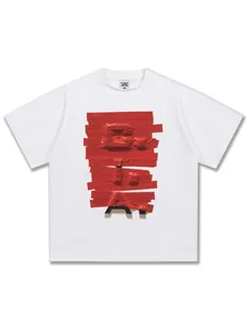 Heavyweight white cotton T-shirt with 3D red tape graphic print streetwear style