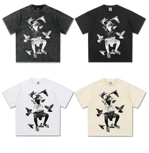 Visual display of four color variants for the vintage boy and pigeon print cotton t-shirt