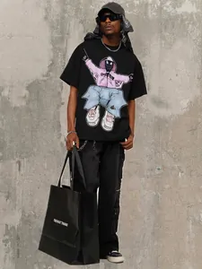 Black heavyweight 300g cotton t-shirt featuring an urban anime graphic for streetwear style