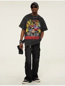 Detailed view of model wearing a heavyweight acid wash t-shirt with comic print