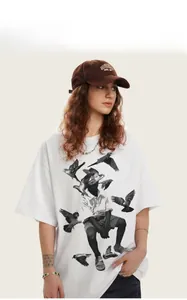 Detailed view of heavy cotton t-shirt with artistic black and white pigeon print