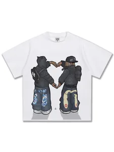 Premium white American street style cotton T-shirt with hand-drawn character heart print