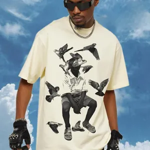 Close-up of vintage black and white boy and pigeon graphic print on cream heavyweight T-shirt