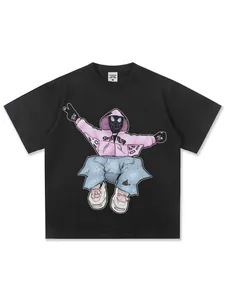 Black heavyweight 300g combed cotton T-shirt with trendy cartoon character graphic print