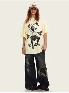 Detail view of American vintage heavy cotton T-shirt with black and white pigeon print