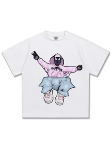 White 300g heavyweight cotton T-shirt featuring a stylish cartoon superhero character print