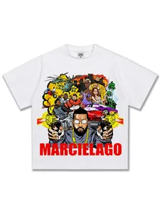 Heavyweight cotton T-shirt with American hip-hop comic graphic print and red text.