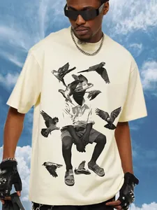 American Retro Men's Cotton Heavyweight T-shirt With Boy and Pigeon Graphic Print Short Sleeve Crew Neck Loose Fit Top