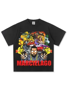 Heavyweight black cotton t-shirt with a vibrant hip-hop comic style graphic print design