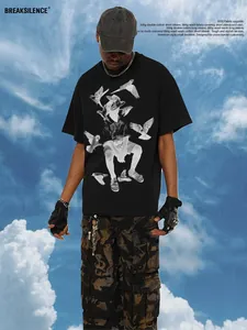 American style men's heavyweight black cotton T-shirt with vintage boy and pigeon graphic print