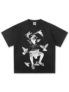 Black heavyweight cotton T-shirt with vintage white bird and boy print, crew neck style