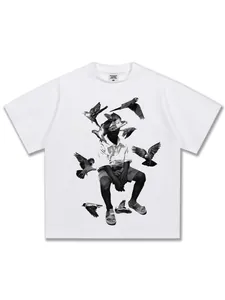 Heavyweight white cotton T-shirt featuring vintage black and white boy and pigeon print