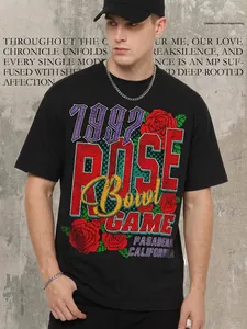 T-Shirt Graphique Rétro Américain 1992 Rose Bowl Game Homme Coton Délavé Lourd Manches Courtes Streetwear Vintage Top