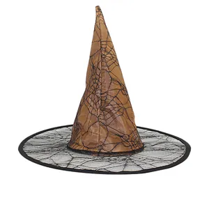 Detail view of orange witch hat with black spider web mesh for Halloween costumes.