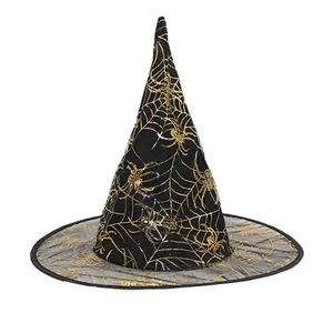 Classic pointed black witch hat with shiny gold spiderweb pattern for Halloween cosplay