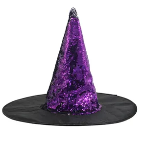Close-up of a purple sequined witch hat with a wide black oxford cloth brim.