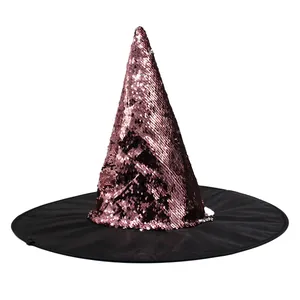 Close-up of a pink sequined Halloween witch hat featuring a black oxford cloth brim