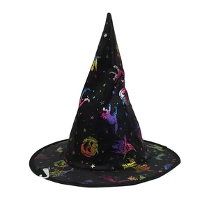 Close-up detail of black Oxford cloth witch hat with colorful foil Halloween prints.