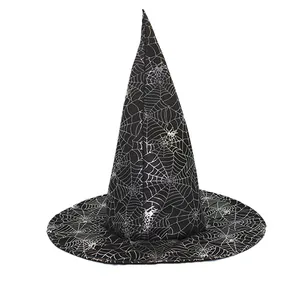 Close-up of black oxford cloth witch hat with silver spiderweb pattern for Halloween