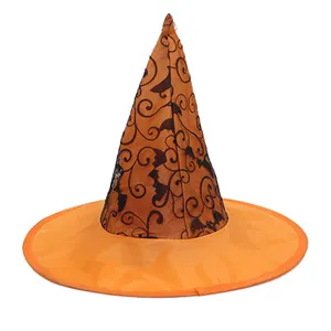 Detail of orange Oxford cloth witch hat with black bat pattern for Halloween