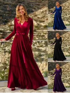 Vestito Lungo in Velluto con Scollo a V da Donna Elegante Abito da Festa Damigella d'Onore Slim Fit Linea A