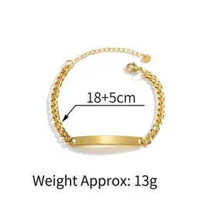 Gold-toned stainless steel Cuban chain bracelet with a blank polished curved bar