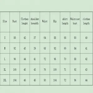 Detailed size chart for women's 3-piece outfit showing jacket, vest and skirt dimensions.
