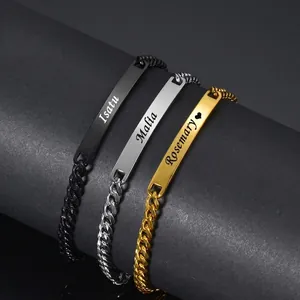 Personalized custom engraved stainless steel cuban link bracelets with polished ID plates
