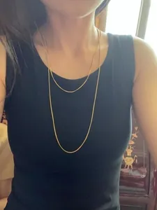 Long 18K gold plated square snake bone chain necklace for women, minimalist detail view.